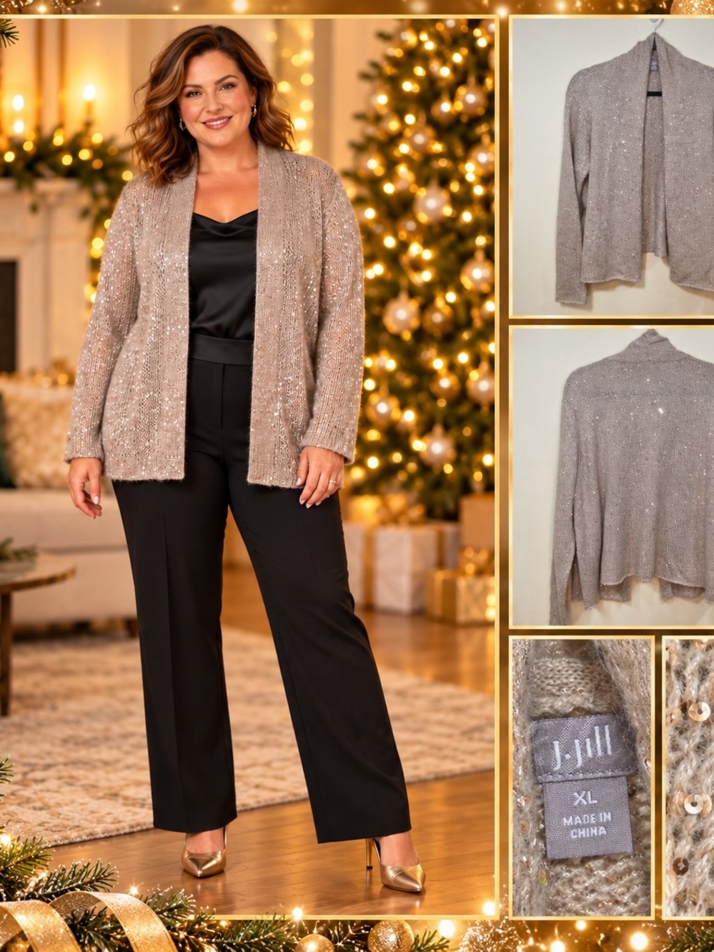 J.Jill XL Champagne Sequin Cardigan | Holiday Glam, Elegant Evening Layer